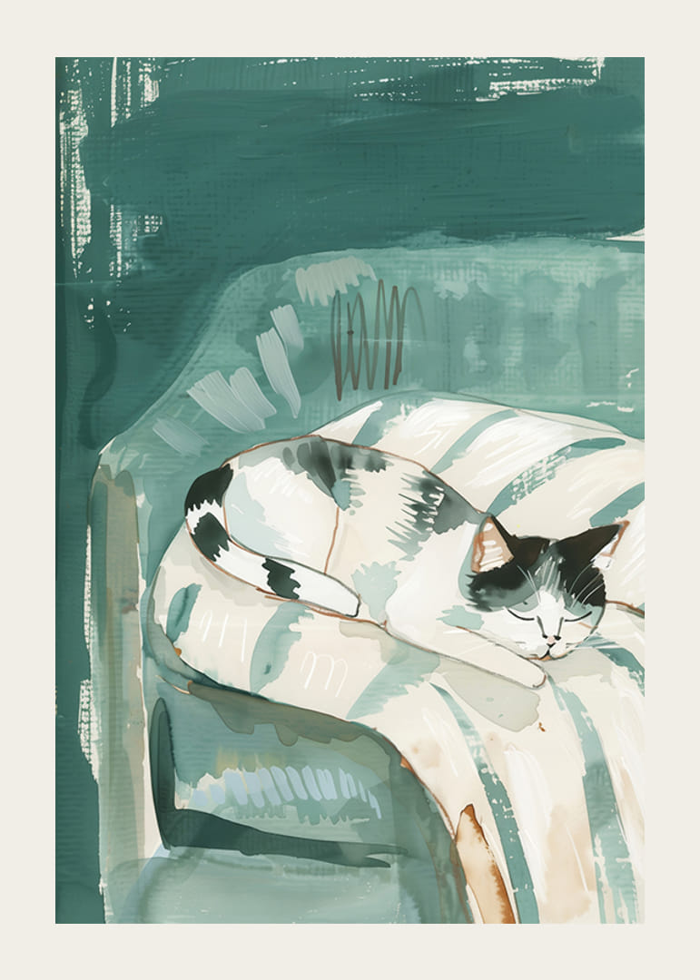 Un poster di un gatto addormentato su una morbida poltrona, che diffonde un'atmosfera calma e accogliente nella tua casa-12