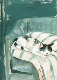A poster of a sleeping cat in a soft armchair, spreading a calm and cozy atmosphere in your home-7