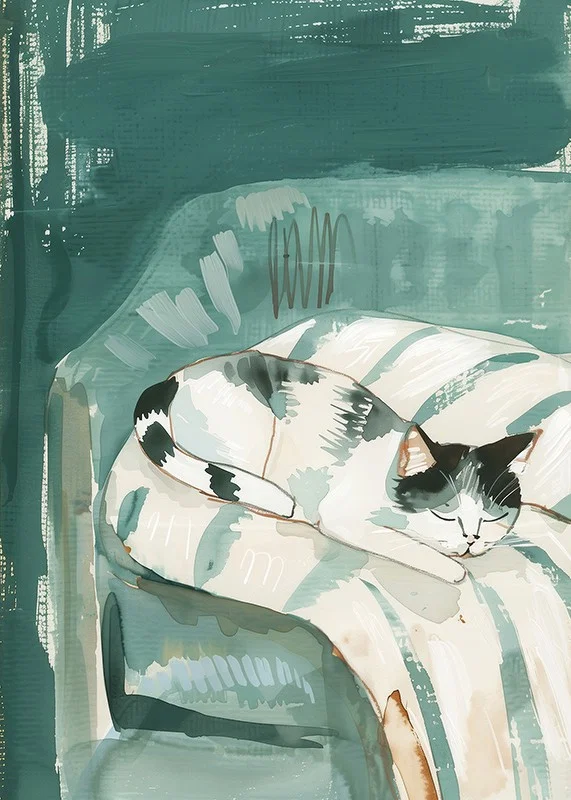 A poster of a sleeping cat in a soft armchair, spreading a calm and cozy atmosphere in your home-12