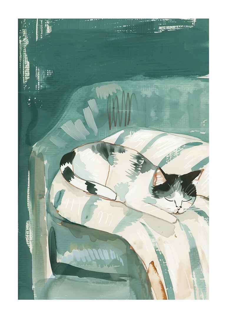 A poster of a sleeping cat in a soft armchair, spreading a calm and cozy atmosphere in your home-12