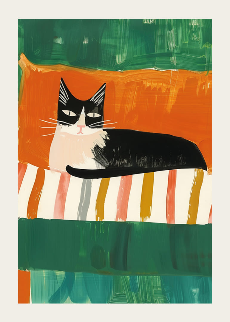 Un poster di un gatto bianco e nero dallo sguardo sicuro, perfetto per dare alla stanza un tocco giocoso-12