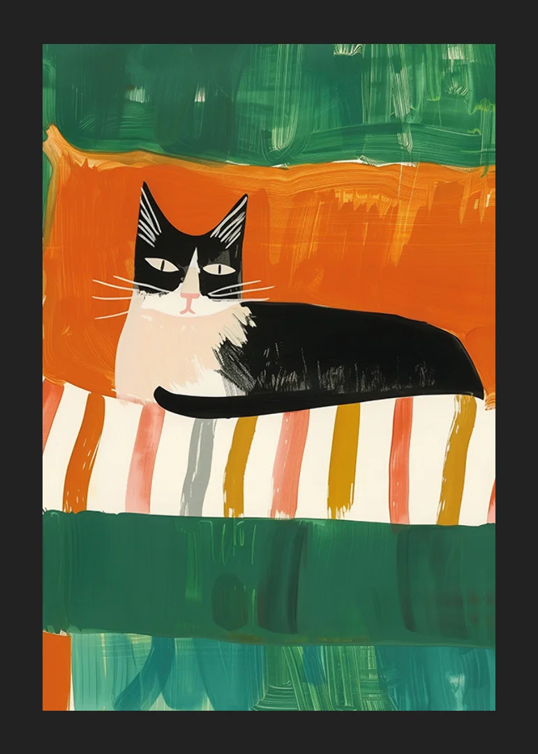 En poster av en svartvit katt med självsäker blick, perfekt för att ge rummet en lekfull touch-12