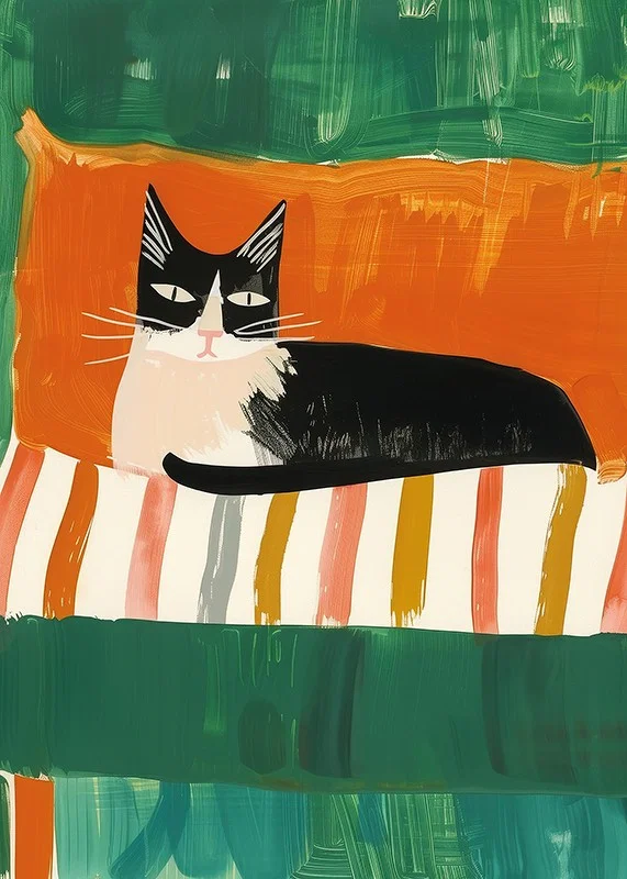 En poster av en svartvit katt med självsäker blick, perfekt för att ge rummet en lekfull touch-12