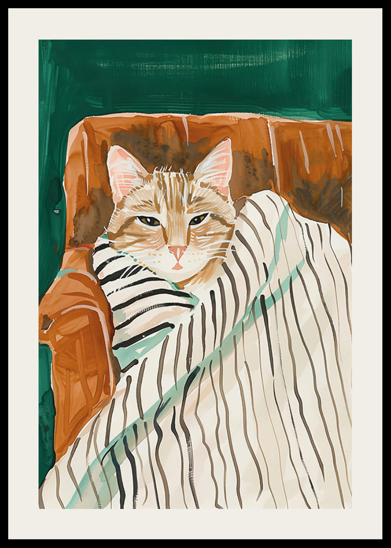 Plagát mačky zabalenej v pruhovanej deke, ktorá do vášho domova šíri teplo a pohodu-12