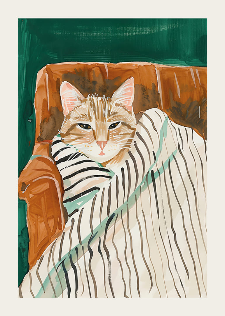 Plagát mačky zabalenej v pruhovanej deke, ktorá do vášho domova šíri teplo a pohodu-12