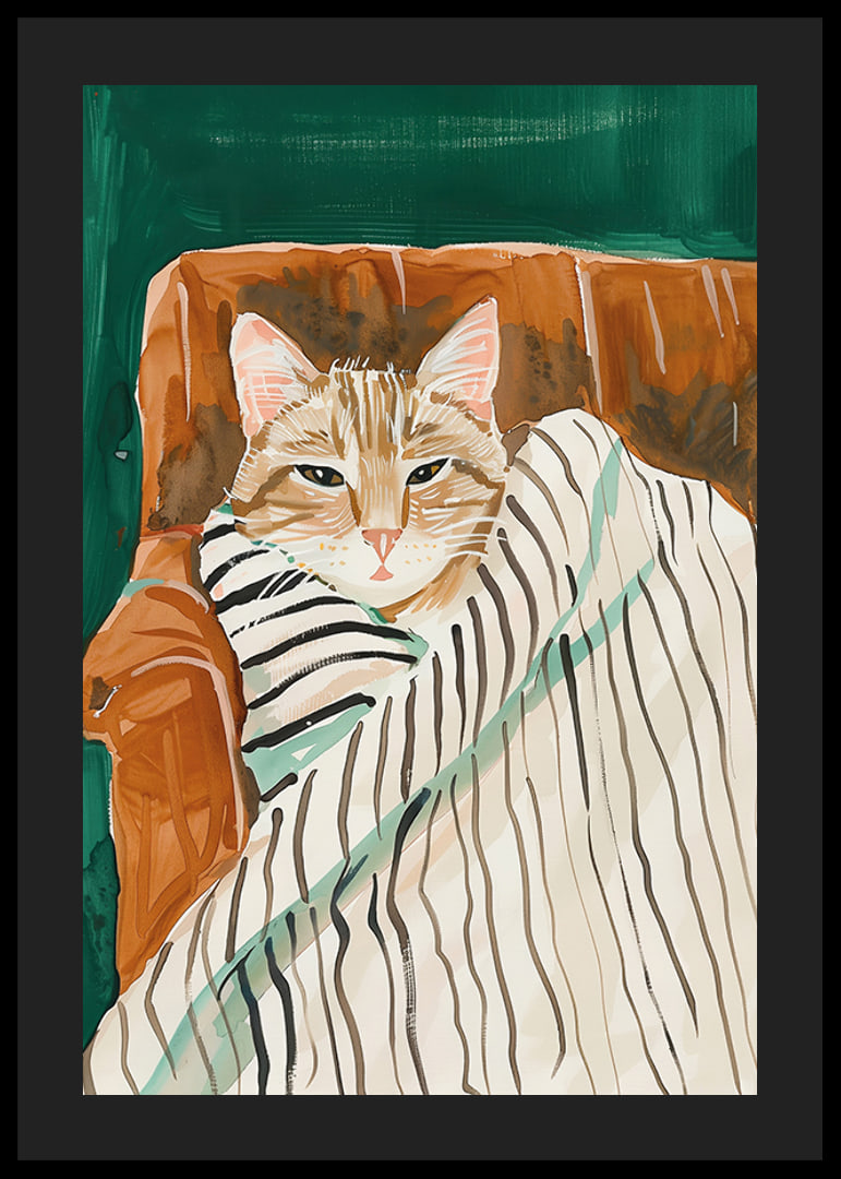 Un poster di un gatto avvolto in una coperta a righe, che diffonde calore e intimità nella tua casa-12