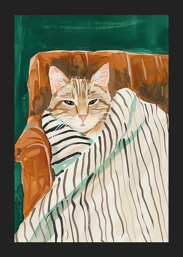 Un poster di un gatto avvolto in una coperta a righe, che diffonde calore e intimità nella tua casa-12
