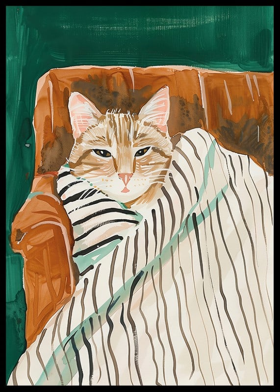 Un poster di un gatto avvolto in una coperta a righe, che diffonde calore e intimità nella tua casa-12