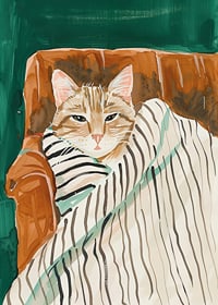 Un poster di un gatto avvolto in una coperta a righe, che diffonde calore e intimità nella tua casa-7