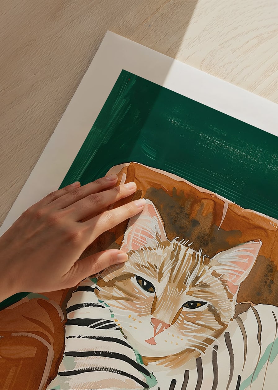 Un poster di un gatto avvolto in una coperta a righe, che diffonde calore e intimità nella tua casa-12