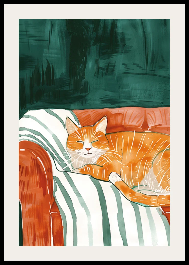En poster av en sovande orange katt i en randig fåtölj, som sprider lugn och värme i ditt hem-12