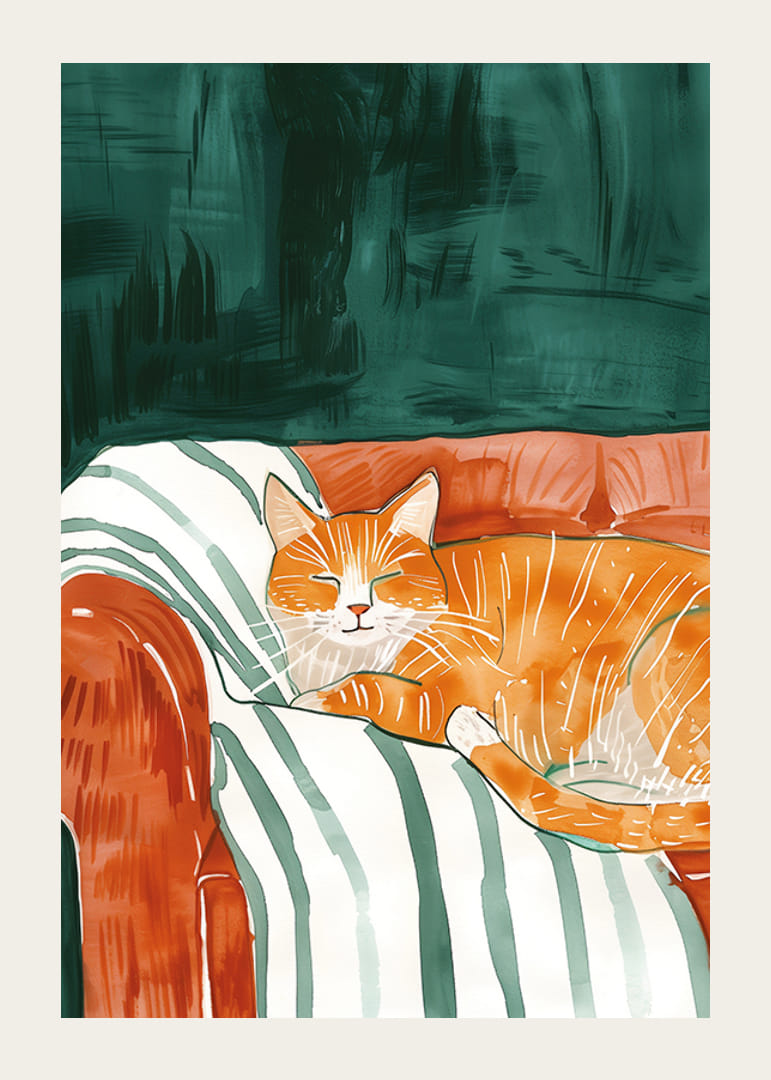 En plakat av en sovende oransje katt i en stripet lenestol som sprer ro og varme inn i hjemmet ditt-12