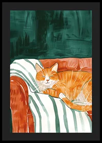 En poster av en sovande orange katt i en randig fåtölj, som sprider lugn och värme i ditt hem-4