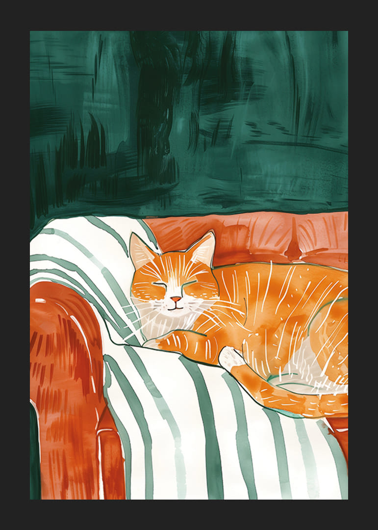 En plakat av en sovende oransje katt i en stripet lenestol som sprer ro og varme inn i hjemmet ditt-12
