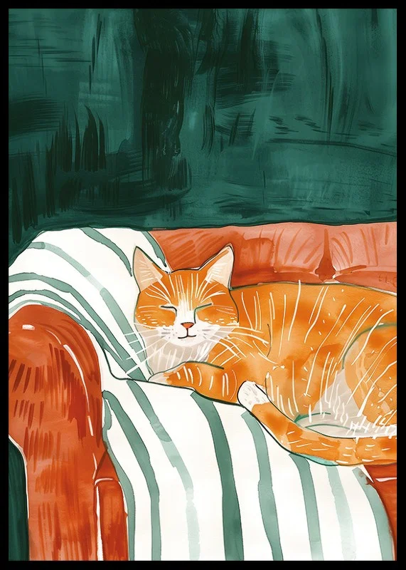 En poster av en sovande orange katt i en randig fåtölj, som sprider lugn och värme i ditt hem-12
