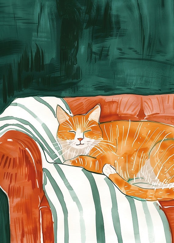 Une affiche d'un chat orange endormi dans un fauteuil rayé, répandant la paix et la chaleur dans votre maison-12
