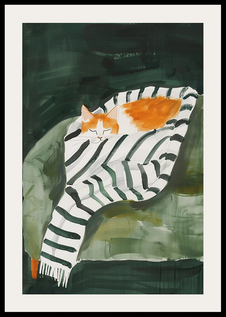 A poster of a sleeping orange cat wrapped in a striped blanket-12