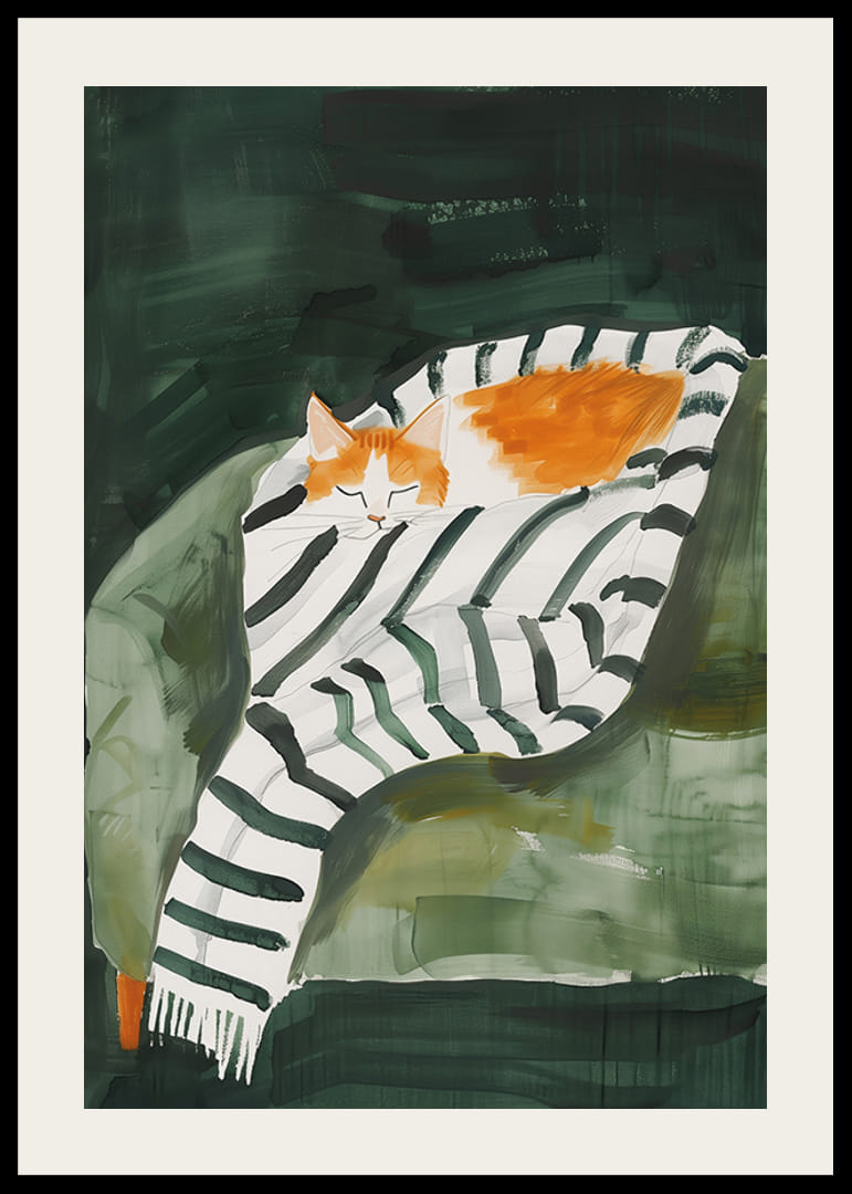 En plakat av en sovende oransje katt pakket inn i et stripete teppe-12