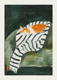 En plakat av en sovende oransje katt pakket inn i et stripete teppe-3