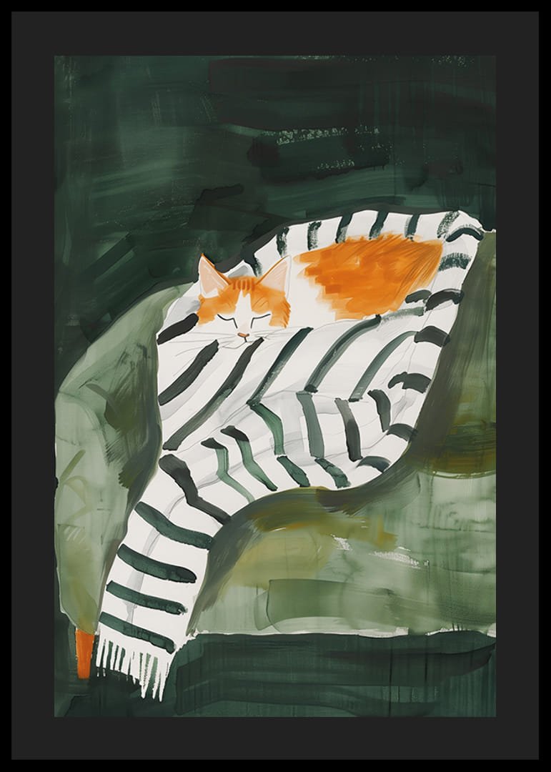 En plakat av en sovende oransje katt pakket inn i et stripete teppe-12
