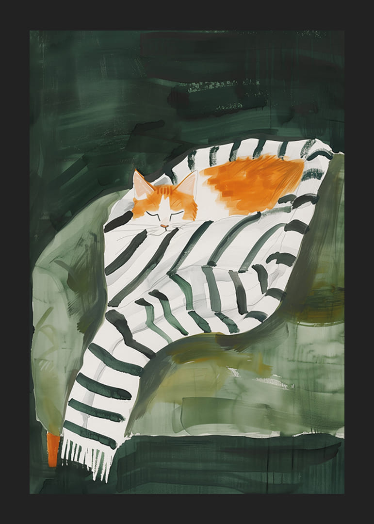 En plakat av en sovende oransje katt pakket inn i et stripete teppe-12