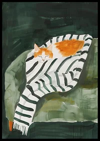 A poster of a sleeping orange cat wrapped in a striped blanket-6