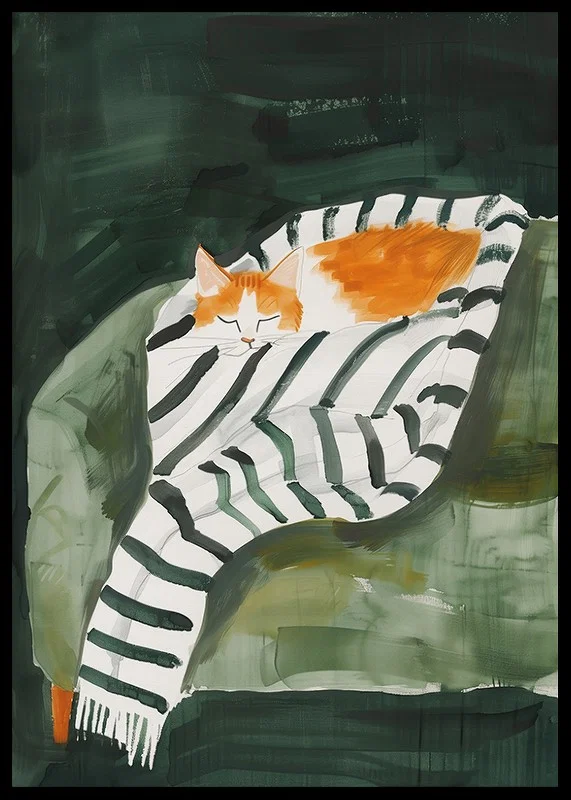 A poster of a sleeping orange cat wrapped in a striped blanket-12