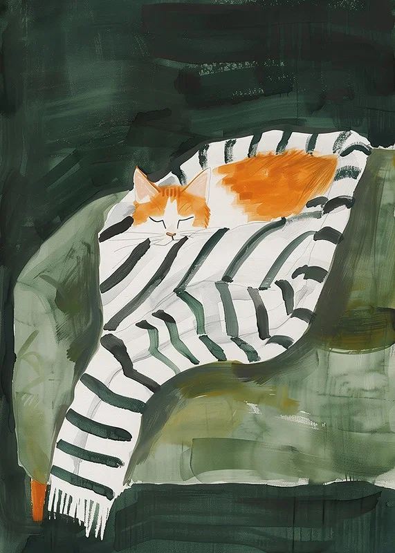 A poster of a sleeping orange cat wrapped in a striped blanket-12
