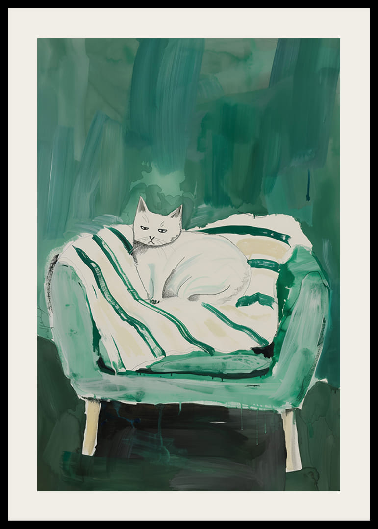 Un poster cu o pisică albă într-un fotoliu verde, dând încăperii o notă modernă și artistică-12