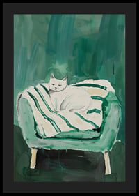 A poster of a white cat in a green armchair, giving the room a modern and artistic touch-4
