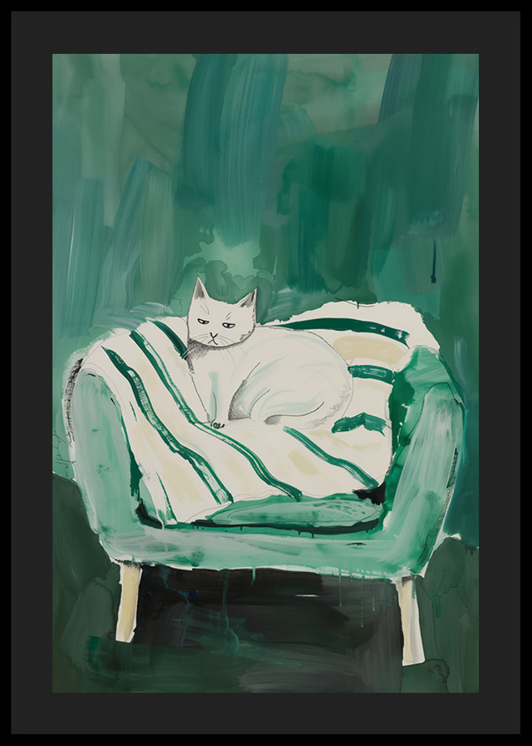 A poster of a white cat in a green armchair, giving the room a modern and artistic touch-12