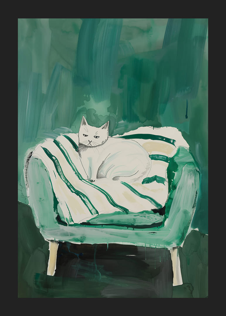 Un poster cu o pisică albă într-un fotoliu verde, dând încăperii o notă modernă și artistică-12