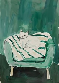 A poster of a white cat in a green armchair, giving the room a modern and artistic touch-7