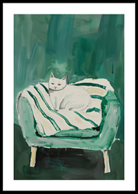 A poster of a white cat in a green armchair, giving the room a modern and artistic touch-0