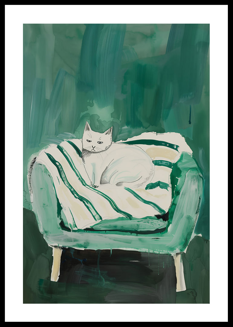 A poster of a white cat in a green armchair, giving the room a modern and artistic touch-12