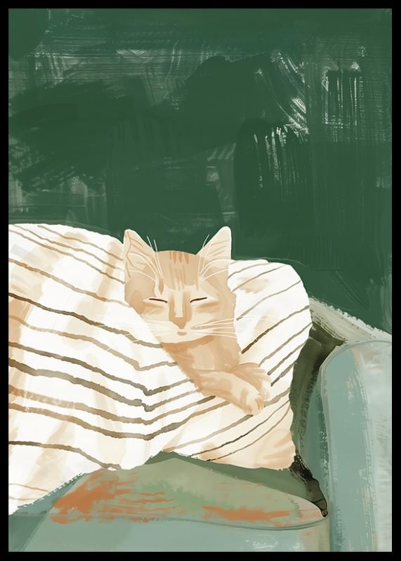 A poster of a resting orange cat under a striped blanket-12