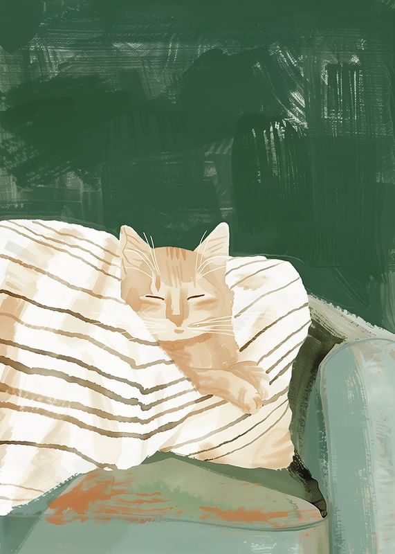 A poster of a resting orange cat under a striped blanket-12