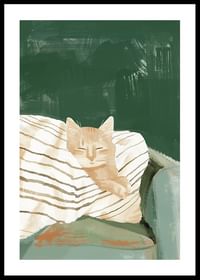 A poster of a resting orange cat under a striped blanket-0