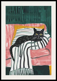 A poster of a black cat with golden eyes, resting on a striped blanket in a pink armchair-2