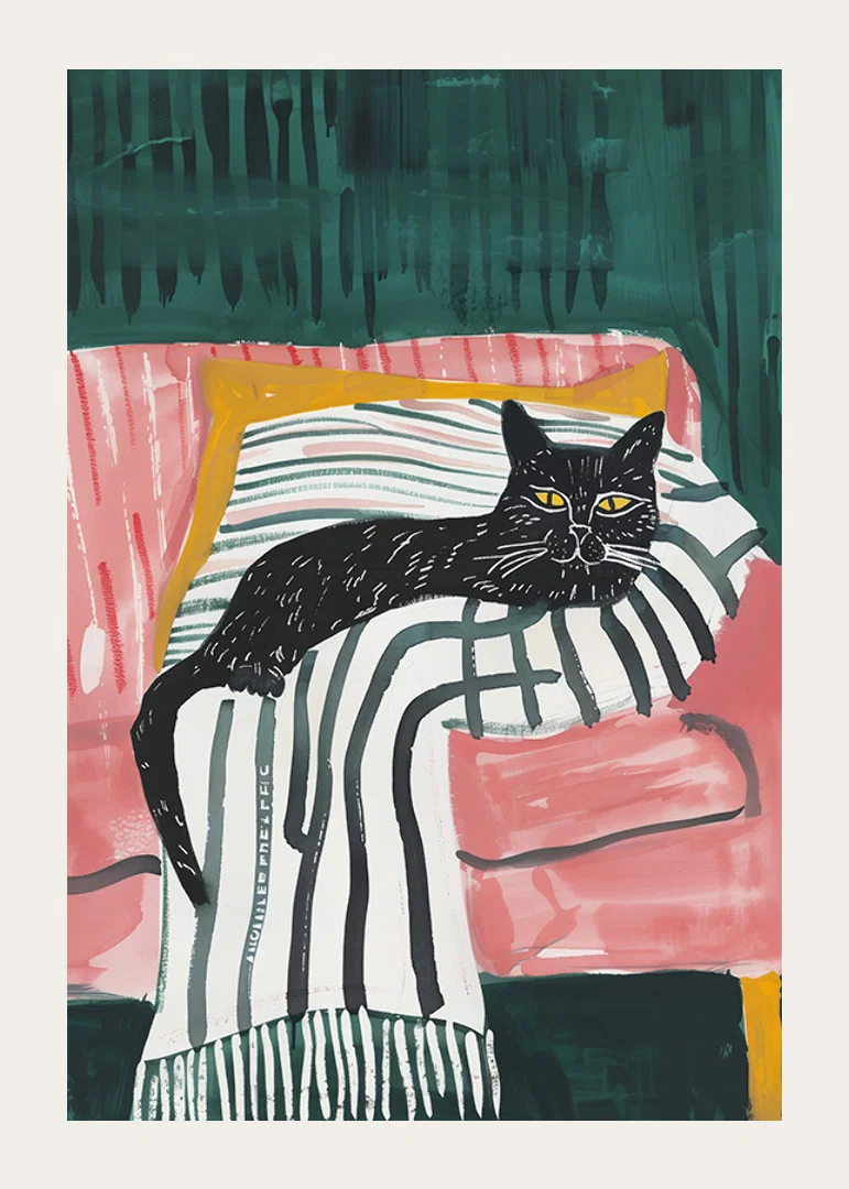 A poster of a black cat with golden eyes, resting on a striped blanket in a pink armchair-12
