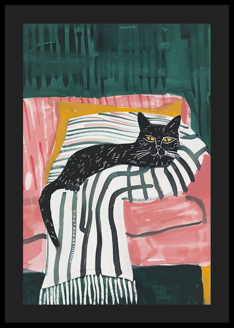 Un poster cu o pisică neagră cu ochi aurii, odihnită pe o pătură cu dungi într-un fotoliu roz-12