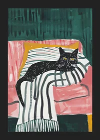 A poster of a black cat with golden eyes, resting on a striped blanket in a pink armchair-5