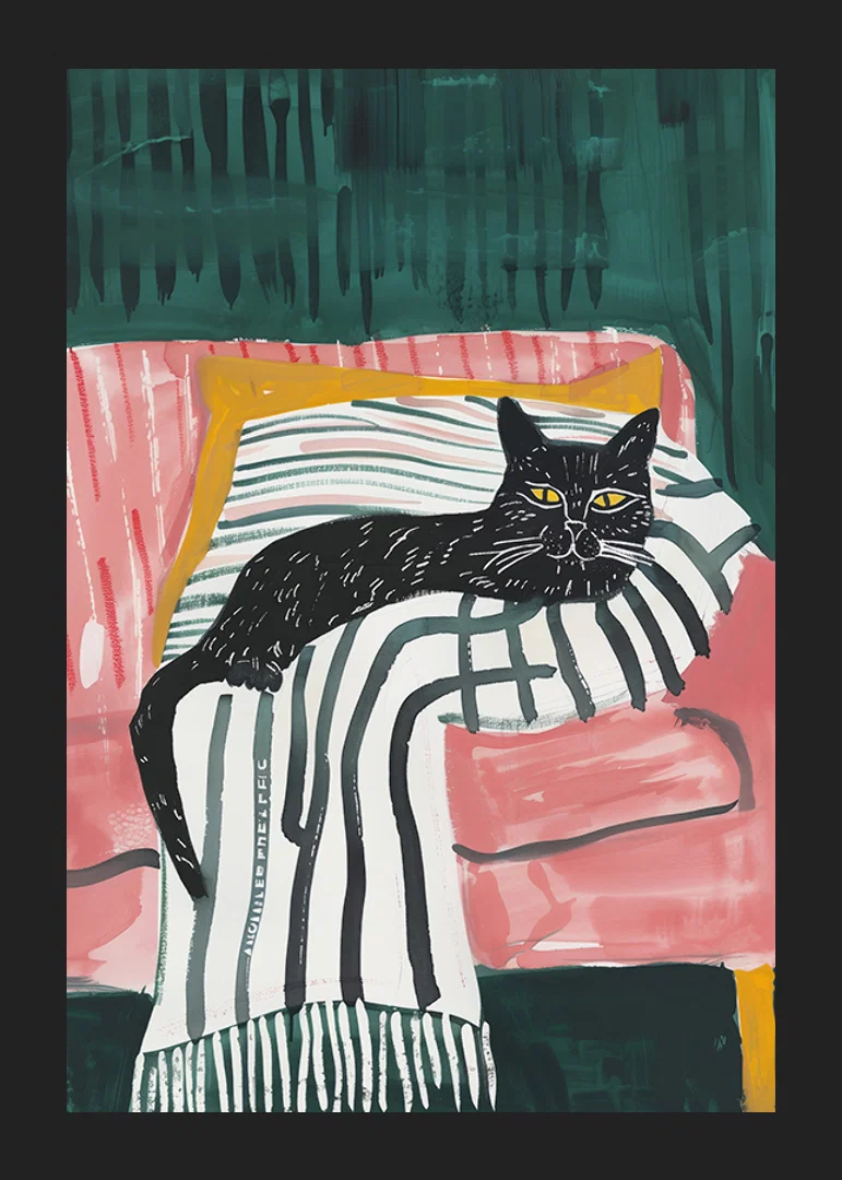 A poster of a black cat with golden eyes, resting on a striped blanket in a pink armchair-12