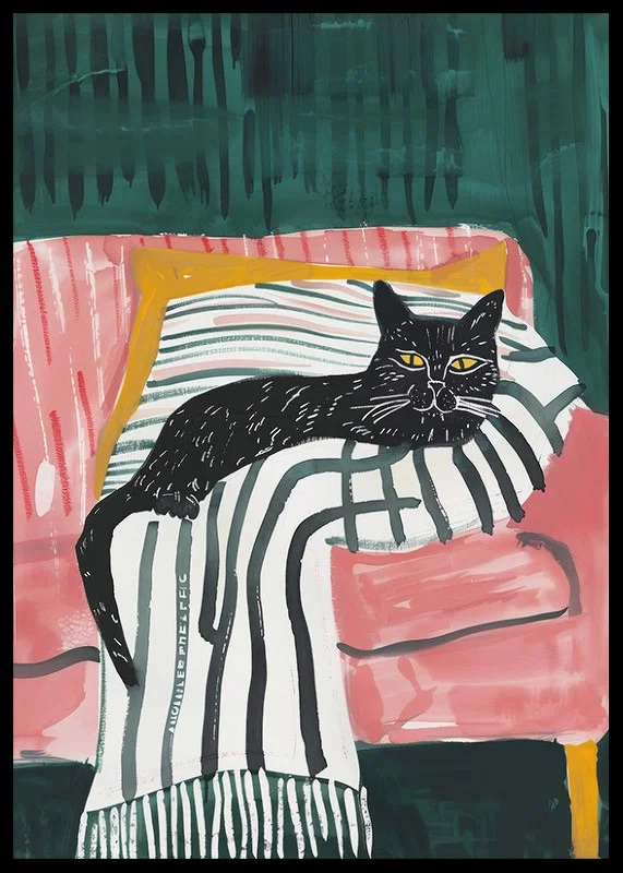 A poster of a black cat with golden eyes, resting on a striped blanket in a pink armchair-12