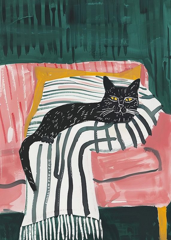 A poster of a black cat with golden eyes, resting on a striped blanket in a pink armchair-12