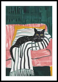 A poster of a black cat with golden eyes, resting on a striped blanket in a pink armchair-0