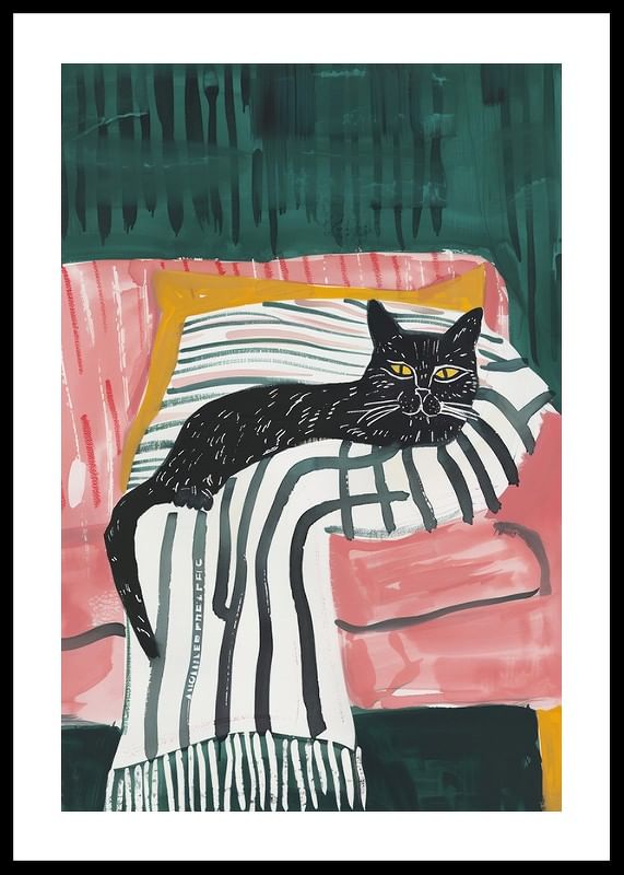A poster of a black cat with golden eyes, resting on a striped blanket in a pink armchair-12