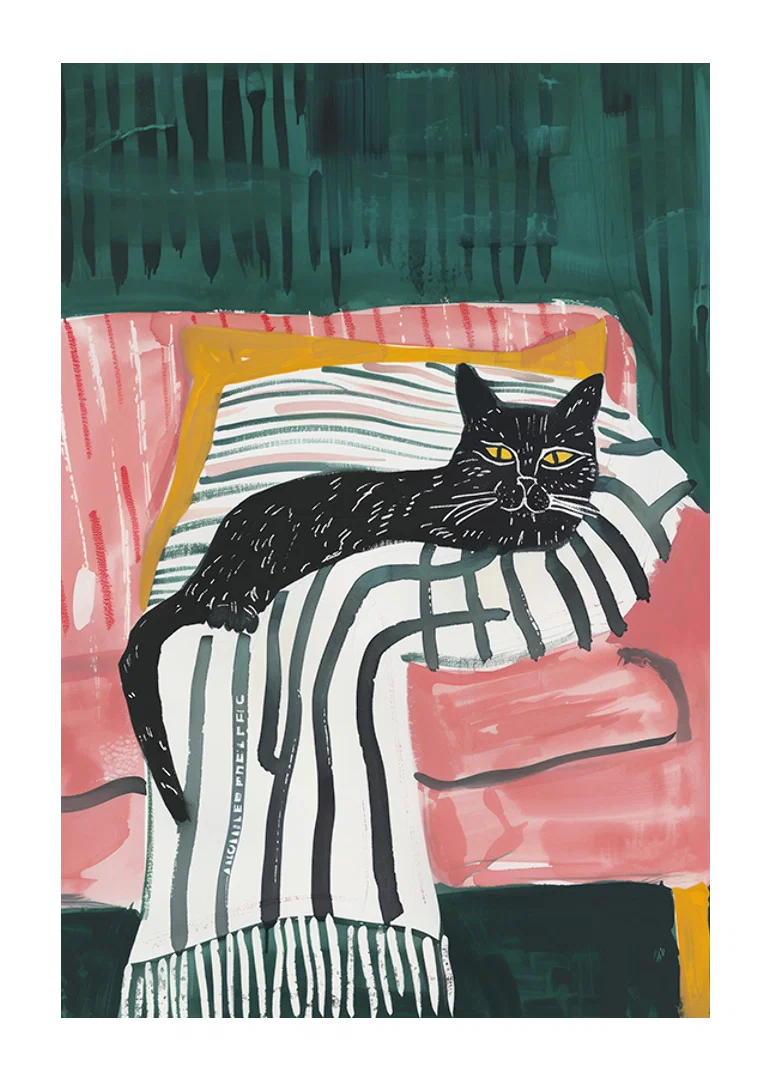 A poster of a black cat with golden eyes, resting on a striped blanket in a pink armchair-12