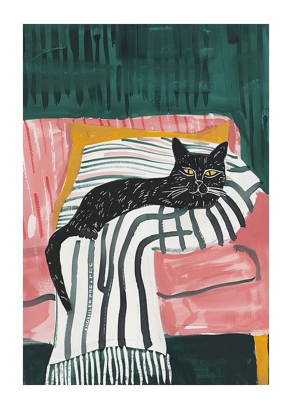 A poster of a black cat with golden eyes, resting on a striped blanket in a pink armchair-12