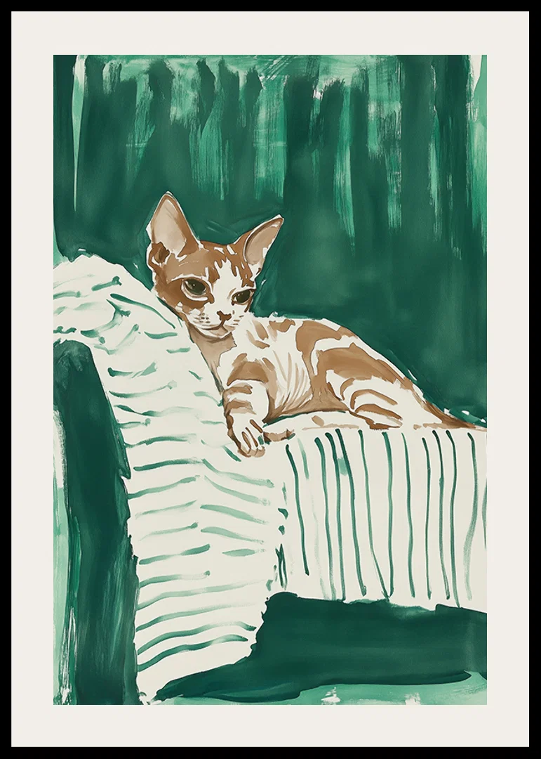 En poster av en avslappnad katt på en randig filt, som ger ditt hem en harmonisk och stilren känsla-12